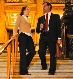lawyer and client on court steps 
